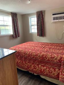 1 dormitorio con 1 cama y 2 ventanas en Wayfarer Motel, en Myrtle Beach