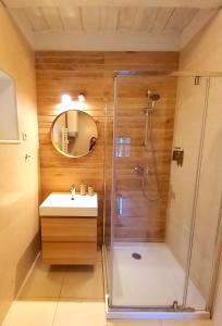 La salle de bains est pourvue d'une douche et d'un lavabo. dans l'établissement Őri Art Inn, à Őriszentpéter