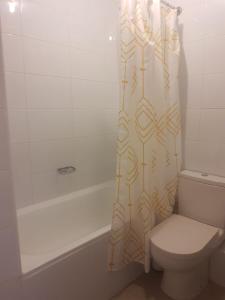 y baño con aseo y cortina de ducha. en Central Vip Antofagasta, en Antofagasta