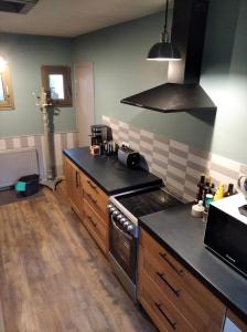 a kitchen with a stove and a counter top at Maison dans un environnement boisé très calme in Morlaix