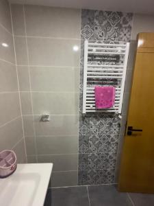ein Bad mit einer Dusche und einem rosa Handtuch in der Unterkunft Studio de rêve in La Soukra