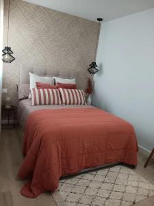 - une chambre avec un lit doté d'une couverture rouge et d'oreillers dans l'établissement Trotamundos, apartamento nuevo en el centro, à Cordoue