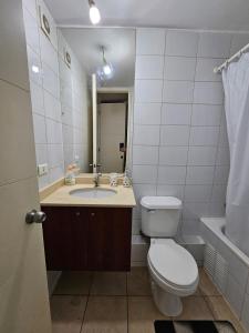 y baño con aseo, lavabo y espejo. en Bellavista ApartRent, en Santiago