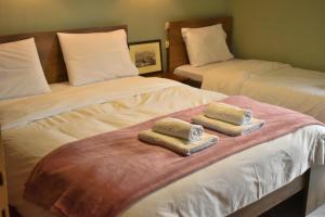 zwei Betten mit Handtüchern drauf in der Unterkunft Villa Gomfoi Trikala in Gómfoi