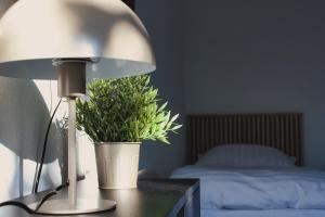 una lámpara y una maceta en una mesa junto a una cama en Modern & Comfortable Apartment Stuttgart - Netflix - 4K TV - waipu en Korntal-Münchingen
