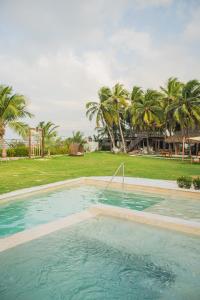 a large swimming pool with palm trees in the background at Vista Mare Beach House in Tierra Bomba