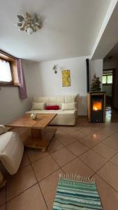 a living room with a couch and a fireplace at Ciasa de Milu in Cibiana