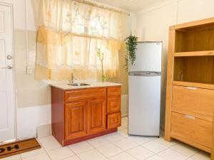 La cuisine est équipée d'un évier et d'un réfrigérateur. dans l'établissement Tropical Retreat Stay Aruba, à Oranjestad