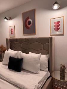 a bedroom with a bed with white pillows and paintings at Skido in Braşov