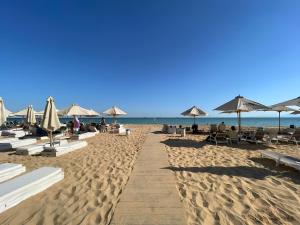 a sandy beach with chairs and umbrellas and the ocean at Salty life chalet, a two bedroom apartment by the swimming pool at Azha - Ain Sokhna - selected in the top 20 rentals to stay at in Sokhna in Ain Sokhna