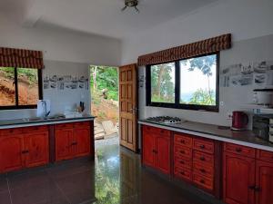 duża kuchnia z czerwonymi szafkami i oknem w obiekcie Villea Frangipani w Mahé