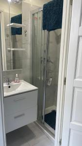 uma casa de banho com um chuveiro, um lavatório e um chuveiro em Studio rue piétonne proche plage em Menton
