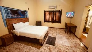 a bedroom with a bed and a television in it at Adrenaline Lodge and Tours in Livingstone