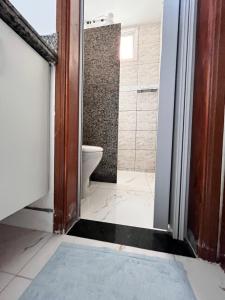 a bathroom with a toilet and a glass door at Aptos 1 quarto Ar Saraiva in Uberlândia +42 photos