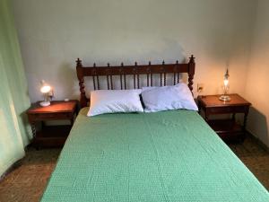 1 dormitorio con 1 cama verde y 2 mesitas de noche en Casa Tejas, en San Luis