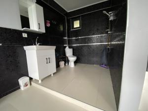 een badkamer met een toilet, een wastafel en een douche bij yuvacik kazli bahçe bungalov & taş otel in Yuvacık