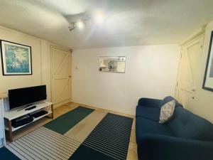 a living room with a blue couch and a television at Apartment near Harbourside & city centre in Bristol