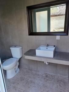 a bathroom with a toilet and a sink and a mirror at Chalet san marino in Colonia La Providencia