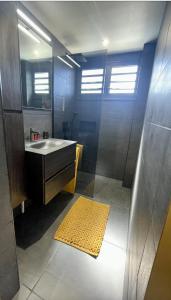 a bathroom with a shower and a sink and a mirror at Villa Tilanga in Saint-François