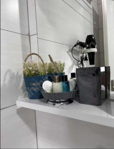 a shelf with two plants and a bag on it at GDL DOKUZ OTEL in Kalkanlı