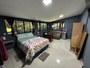 Suchitoto的住宿－El mangal B&B，一间卧室配有一张床、一张沙发和窗户。