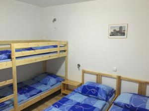 two bunk beds in a room with blue pillows at U Čmeláka in Vyskeř +24 photos