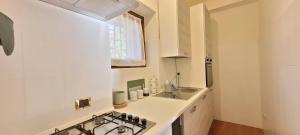 cocina blanca con fregadero y fogones en L'Abete - Introbio Apartment, en Introbio