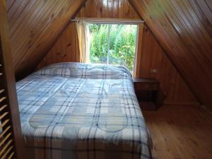 een bed in een kamer met een raam op een zolder bij Las Bandurrias de Llifen in llifen