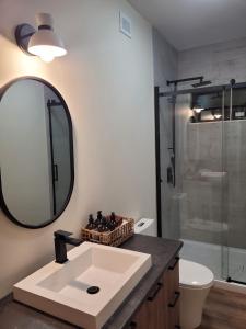 W łazience znajduje się umywalka i prysznic. w obiekcie Andas cabin CITQ#313550 w mieście Lac-Superieur