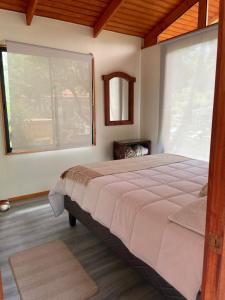 a bedroom with a large bed and a large window at CASARMONIA in Peumos