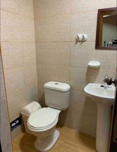 La salle de bains est pourvue de toilettes et d'un lavabo. dans l'établissement Alojamiento a una cuadra de la plaza de armas, à Puno