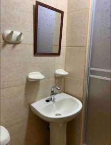 a bathroom with a sink and a mirror and a shower at Alojamiento a una cuadra de la plaza de armas in Puno