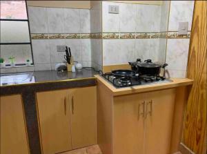 a kitchen with a stove and a counter top at Alojamiento a una cuadra de la plaza de armas in Puno