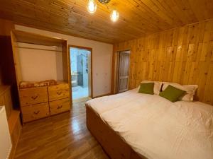 a bedroom with a bed with a dresser and a mirror at Vila Piramida in Sighetu Marmaţiei