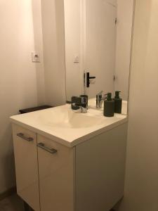 La salle de bains est pourvue d'un lavabo blanc et d'un miroir. dans l'établissement Terre Montbrisonnaise, à Montbrison