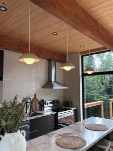 a kitchen with wooden ceilings and a table with lights at Andas cabin CITQ#313550 in Lac-Superieur