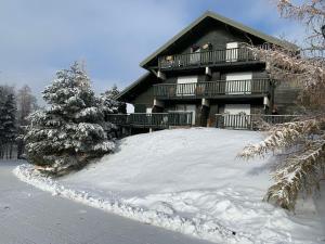 une maison avec une cour recouverte de neige devant elle dans l'établissement Le Flocon d'Aurouze 522, Appartement 4 personnes, La Joue du Loup, à Saint-Étienne-en-Dévoluy