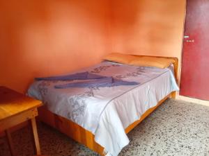 Cama pequeña en habitación pequeña con mesa en Hospedaje Santo Domingo en Panajachel
