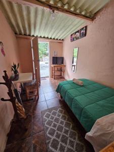 a bedroom with a green bed in a room at Hostal Casa Amarilla Tecámac in Santa Cruz Tecamac
