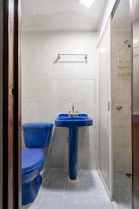 La salle de bains est pourvue de toilettes bleues et d'un lavabo. dans l'établissement Casa Hogareña con Super Anfitrión, à Mexico
