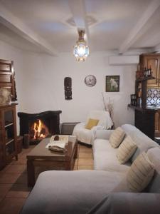 a living room with two couches and a fireplace at Casas Amaro in Órgiva
