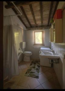 a bathroom with a sink and a toilet and a window at Casa nel bosco Il Grottone in Montaione