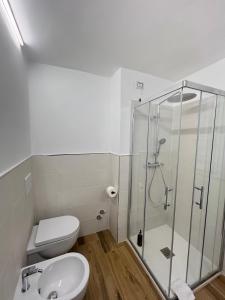 uma casa de banho com um chuveiro, um WC e um lavatório. em B&B La Fontana dei Cani em Ascoli Piceno
