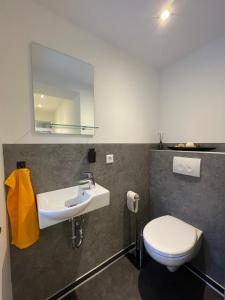 La salle de bains est pourvue de toilettes blanches et d'un lavabo. dans l'établissement Haus Lieteblick, 