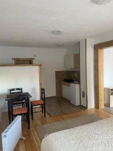 Una habitación con una cama y una mesa y una cocina. en Studio Apartmani V&V, en Žabljak