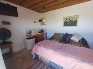 Schlafzimmer mit einem Bett und einem Schreibtisch mit einer Mikrowelle in der Unterkunft SUÍTE VISTA LINDA in Cunha