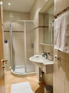 a bathroom with a shower and a sink at MB Apartment in Ramsau im Zillertal
