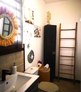La salle de bains est pourvue de toilettes, d'un lavabo et d'un miroir. dans l'établissement Le Panoramique Loft, à Le Tampon