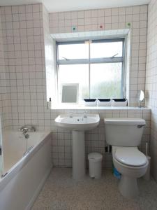 a bathroom with a toilet and a sink and a window at Spacious 3 bedroom house in lovely location in Birmingham