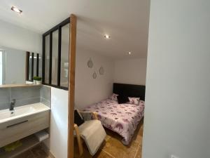 ein kleines Schlafzimmer mit einem Bett und einem Waschbecken in der Unterkunft Chez Anabelle in Saint-Éloi